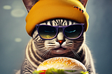 Ultra HD, Cat wearing a yellow beanie wearing sunglasses, eating a hamburger, modelling in a studio