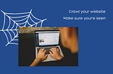 White spider web below a picture of someone on their laptop. The background is blue with the text “Crawl your website. Make sure you’re seen.”