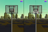 Two versions of the same virtual basketball hoop, in the latter the normally invisible physics objects are visible