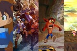 Game screenshots and promotional art collage.