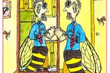 Drawing of a man — that looks like a bee — seeing himself reflected in a mirror. Drawing by author