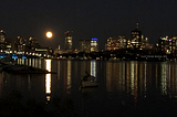 Boston Skyline — Charles River — Moon and Night time