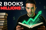 henrique centieiro holding open book with glowing green upward stock chart emerging from the pages, beside a stack of investing books.