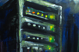 An oil painting of a server with green and blue lights, surrounded by clouds