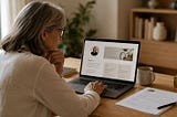 Older woman reviewing an About page on a laptop, with a printed resume on the desk beside her.