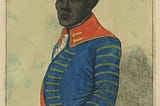 Coloured illustration of Toussaint Louverture, Governor of St. Domingo, wearing a blue and red military jacket.