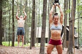 Kassandra Aveni / Hobart and James Hobart working out outside in woods