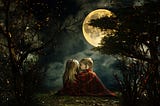 Children whispering in the fairy magic forest. Big moon, night, little boy and girl. Picture — a fairy tale for children