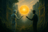 Two abstract humanoid figures — one organic, one synthetic — stand in a ruined, overgrown city. Between them floats a glowing orb, radiating light. The figures reach toward it cautiously, surrounded by vines and crumbling digital architecture.