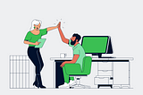 illustration of two co workers sharing a high five. One sitted by the laptop and the other standing