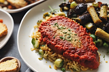 Eggplant Parmesan with a side of Balsamic Roasted Brussels Sprouts and Almond Flour Breadsticks