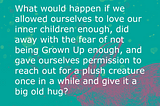 A teal background with a pink rabbit and white text overlay that reads: What would happen if we allowed ourselves to love our inner children enough, did away with the fear of not being Grown Up enough, and gave ourselves permission to reach out for a plush creature once in a while and give it a big old hug?