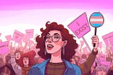 an illustration of a protest with lots of people holding picket signs. One says “I Exist.” Another shows a trans flag. A trans woman with brown hair, wearing a blue jacket, is front and center in the image. Most of the signs and part of the sky are colored various shades of pink.