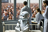 A robot baby in bed with scientists around her, people outside the building protesting against her.
