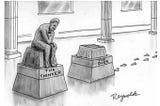A  statue of The Thinker, with a second empty pedestal with footsteps leading away. The second pedestal is titled ‘The Doer’.