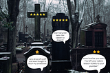 A cemetery with headstones featuring social media reviews.