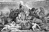 A black and white sketch, where people are getting eaten by big cats like lion and leopard. There is a man tied to a pole in this.