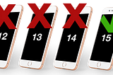 Four phones representing different OS versions, with crosses and ticks to indicate only iOS15 OK.