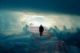 Man climbing a stairway into the clouds, a literal stairway to heaven. Harlow Journey article about Death.