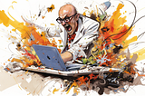 Midjourney image of a bald man in a lab coat screaming at his laptop.