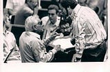 The author (with glasses, center) at a rehearsal with Leonard Bernstein, 1988