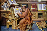 Drawing of scribe working on a manuscript, surrounded by his research material, 15th century.