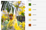 Screenshot of the Adobe Creative Cloud Chrome extension identifying the colour pallet and best colour combinations from a photo of a woman wearing a yellow headscarf walking through a garden.