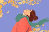 Digital illustration of a girl looking up at yellow autumn leaves. She’s wearing a red jacket and a green scarf.