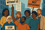 Image of many people of all ages holding sights saying Nothing About Us Without Us, Dignity not Displacement, Stop Criminalizing Poverty against an urban backdrop.