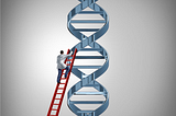 A man in a lab coat climbs up a silver DNA helix, using a red ladder.