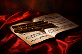 Midjourney. A photography of an orquesta baton and a sheet music, realistic, reddish.