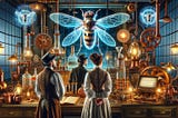 Steampunk scientists examine holograms of insects