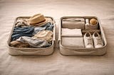 Overpacked suitcase beside a neatly packed one with essentials