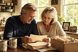 A brother and sister sit together at a kitchen table, quietly reading a handwritten letter from an open shoebox filled with old envelopes. Morning light fills the room, with coffee mugs and a few family keepsakes nearby.