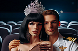 A couple in a movie theatre. One of the couple is a man dressed as a woman wearing a diamond tiara. The other is a naval officer. He has his arm around the other person’s shoulders.