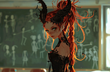 A demon lady with long red braided hair standing in a classroom.