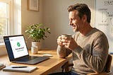 Small business owner smiling at laptop after successful ai implementation, enjoying a streamlined workflow.