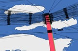 um poste elétrico vermelho se destaca em contraste com um céu de intenso azul e nuvens brancas. Cortando a imagem, fios se conectam ao poste e do poste vão em todas as direções.