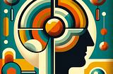 A stylized mid-century modern representation of a human brain, with vibrant colors like oranges, teals, and yellows. Around the brain are abstract shapes suggestive of magnifying glasses, symbolizing exploration and discovery. The background is minimalist with clean lines and geometric shapes, embodying the essence of mid-century modern design.