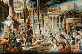 A painting depicting Visigoths attacking and overrunning Rome in 410 A.D.