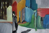 cubist like painting variety of colors person black clothes stands with city in background