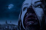 Gothic woman against a night sky her mouth and nose are gory with blood and it appears as if her epidermis could be removed by operating a zip