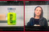 Side-by-side film stills from The Substance. On the left, a small glass vial filled with bright neon-green liquid labeled “ACTIVATOR.” On the right, a woman with long dark hair and a somber expression stands in a tiled bathroom, looking reflective and weary.