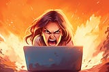 Angry woman ranting on a laptop computer about internet