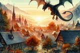 A dragon flying over a quaint village.