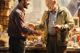 A painting of a salesman introducing a product to a customer.