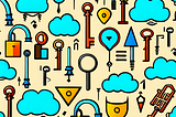Illustrative pattern featuring vibrant icons of clouds, keys, locks, arrows, and tech elements on a light beige background.
