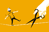 Illustration of a person balancing on a tightrope while a large hand with scissors approaches the rope from the side.