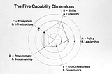 Radar chart showing readiness scores (1–5) across five capability dimensions: policy, skills, ecosystem, procurement, and governance, with uneven maturity across areas.