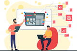 Data Product Workshop illustration with two men, one pointing at a board while the other is looking at a laptop